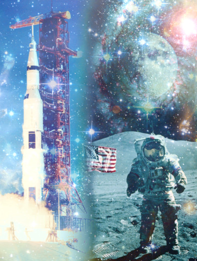 View/Download Full Image - Apollo mission images based on NASA photos with Saturn V rocket and astronaut on the moon