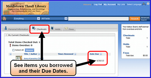 [image of Library Catalog: Borrowed Items and Due Dates]