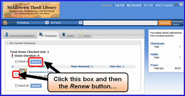 [image of Library Catalog: Borrowed Items and Due Dates]