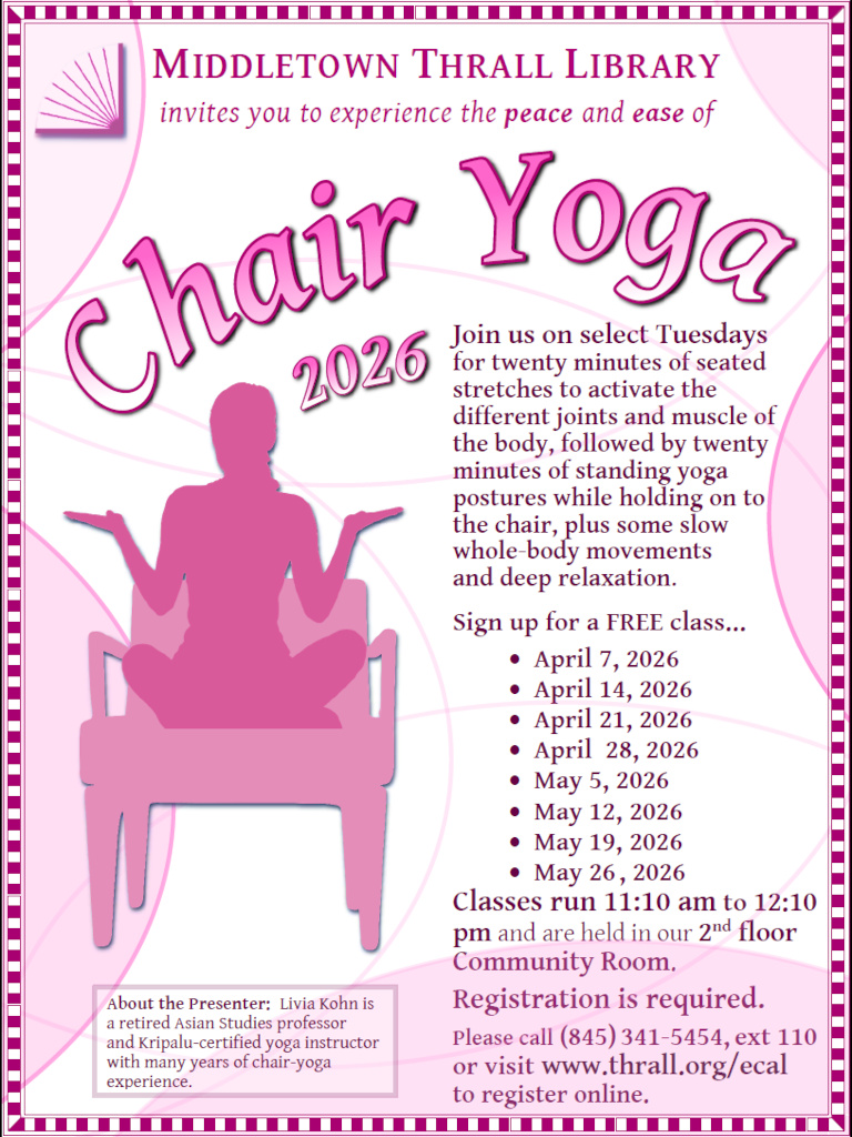 Chair Yoga. Join us on select Tuesdays for 20 minutes of Yoga. Learn about this event.