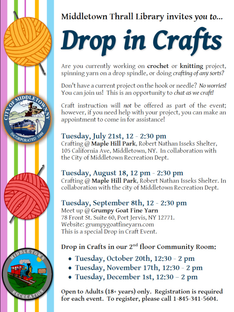 Drop in Crafts, July to December.  Learn about this event.