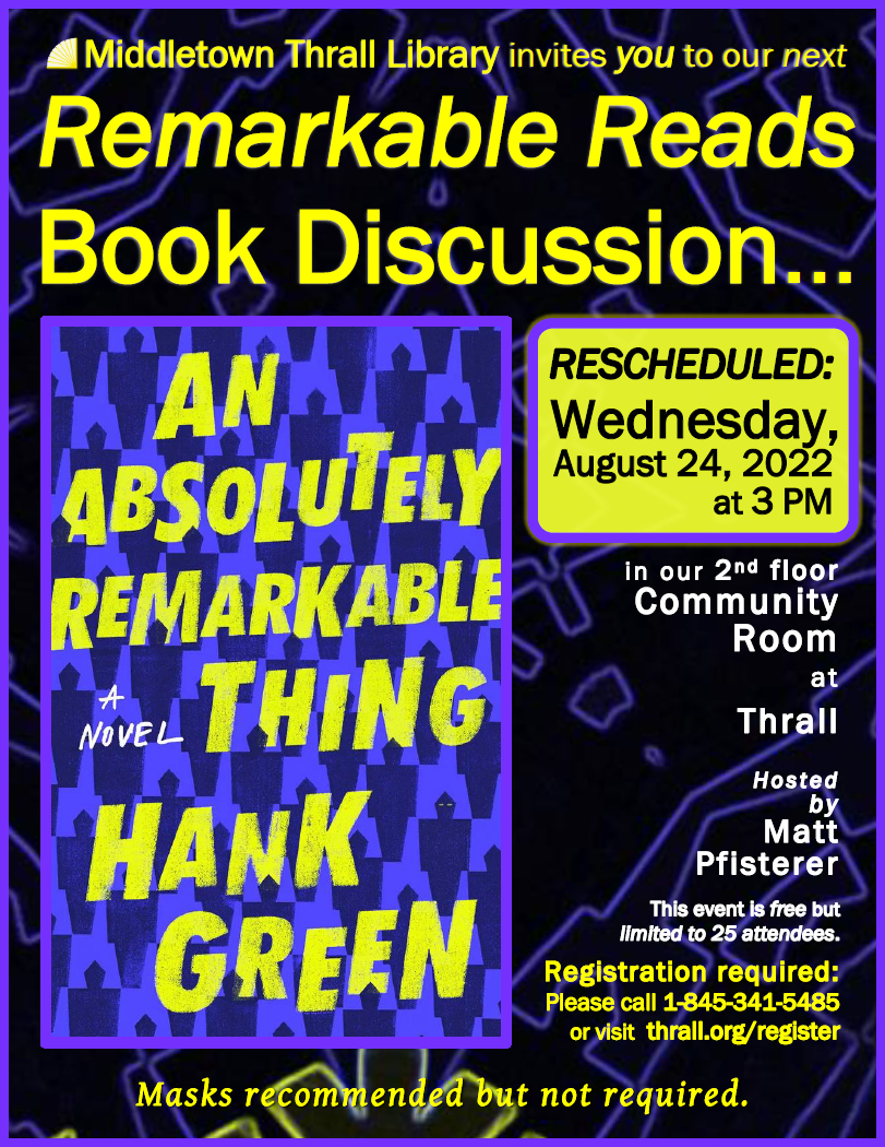 Remarkable Reads Book Discussion August 2022 - learn more about this event by following this link
